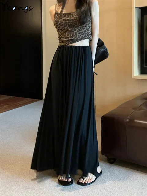 Basic Casual Elastic High Waist Maxi Skirts Women Solid Simple Black Clothes Pleated Long Skirt Korean Elegant Cheap Falda Saia