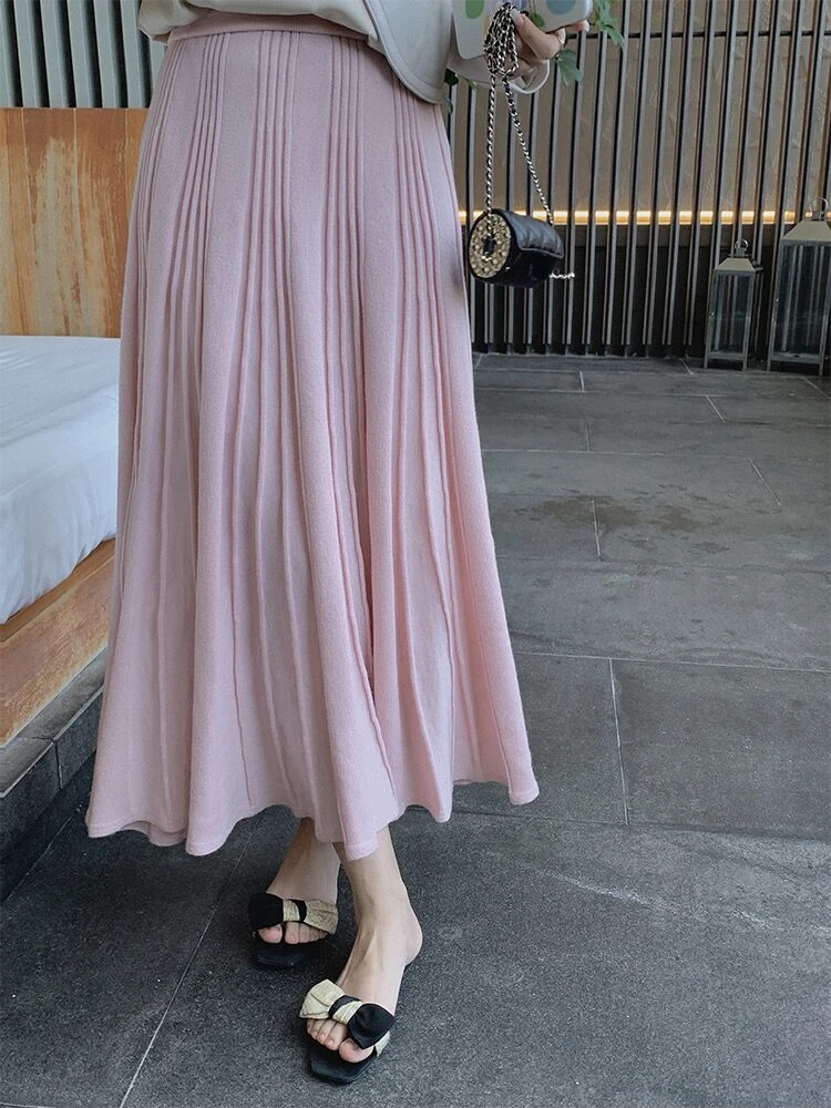 Long Elastic High Waisted Women Skirts Temperament Office Lady White Knitted Midi Skirt Loose Soft Autumn/Winter Warm Pink Skirt