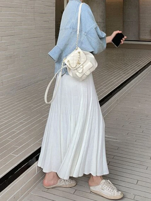 Long Elastic High Waisted Women Skirts Temperament Office Lady White Knitted Midi Skirt Loose Soft Autumn/Winter Warm Pink Skirt