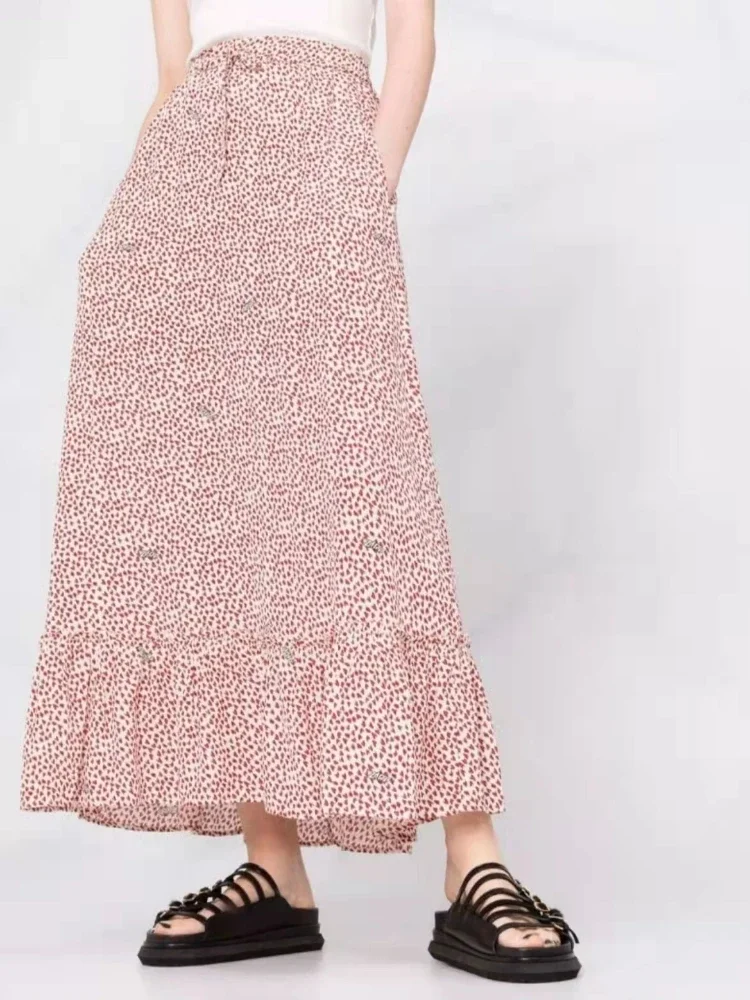 Lace Stitching Half Skirt Elastic Waist Printing Short Front and Back Long Midi Skirts