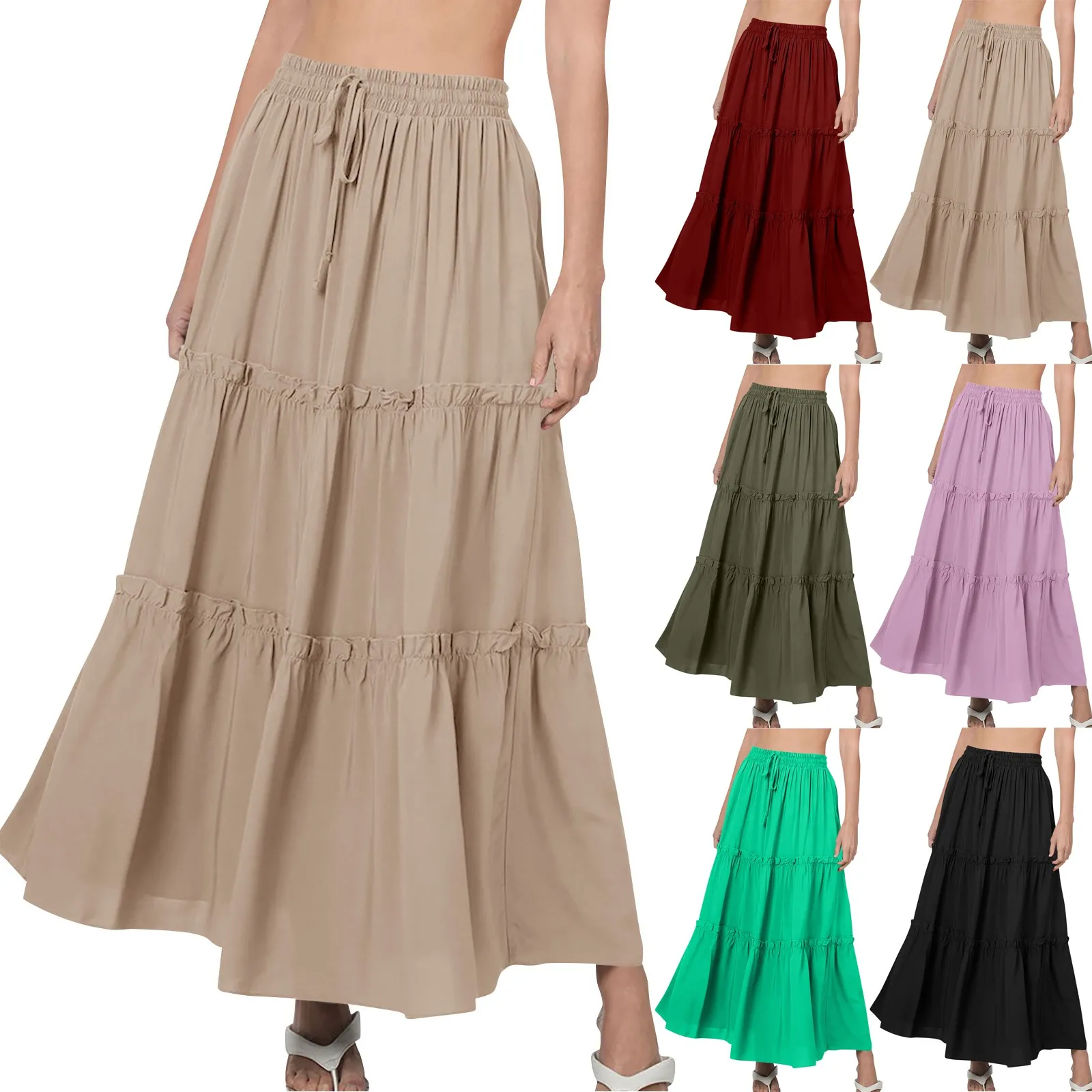 Women Skirt Plaid Maxi Skirt Large Hem Beach Skirt Bohemian Skirt Elastic Waist Party Skirt Slim Long Skirt Streetwear Faldas