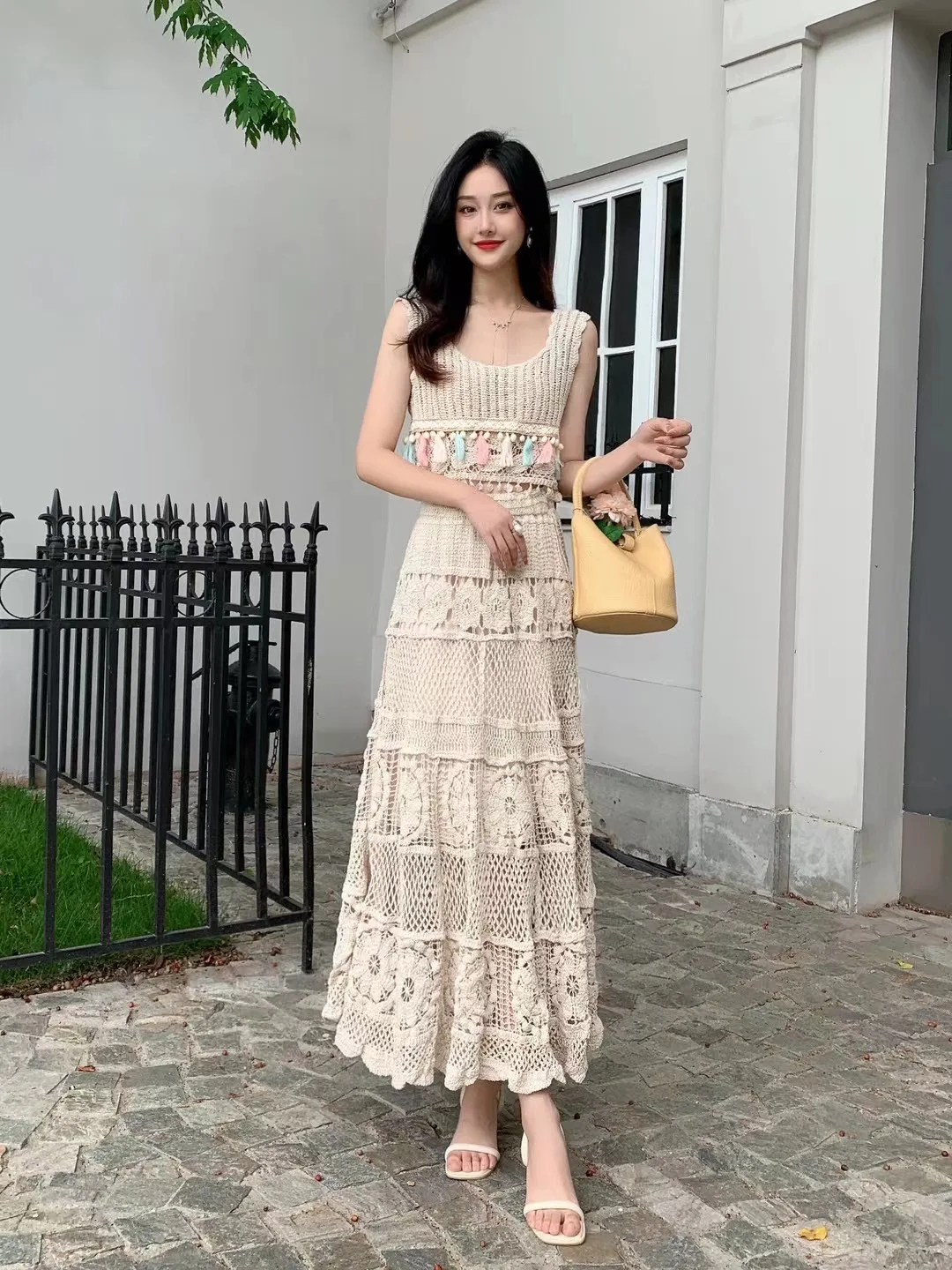 Women Hook Flower Hollow High Waist Sexy Knit Full Skirt Party Fashion Vintage A-line Chiffon Skirt
