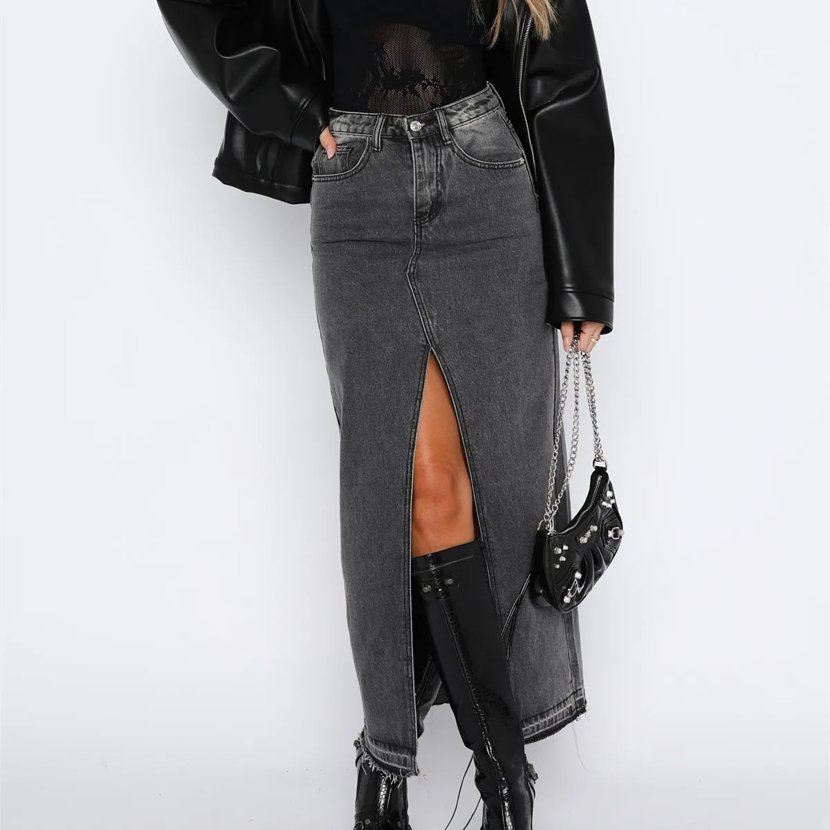Women Denim Skirt Solid Color Casual Elastic Split Skirt for Beaches Club Streetwear Aesthetic Clothes