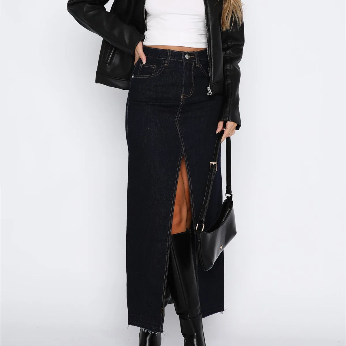 Women Denim Skirt Solid Color Casual Elastic Split Skirt for Beaches Club Streetwear Aesthetic Clothes