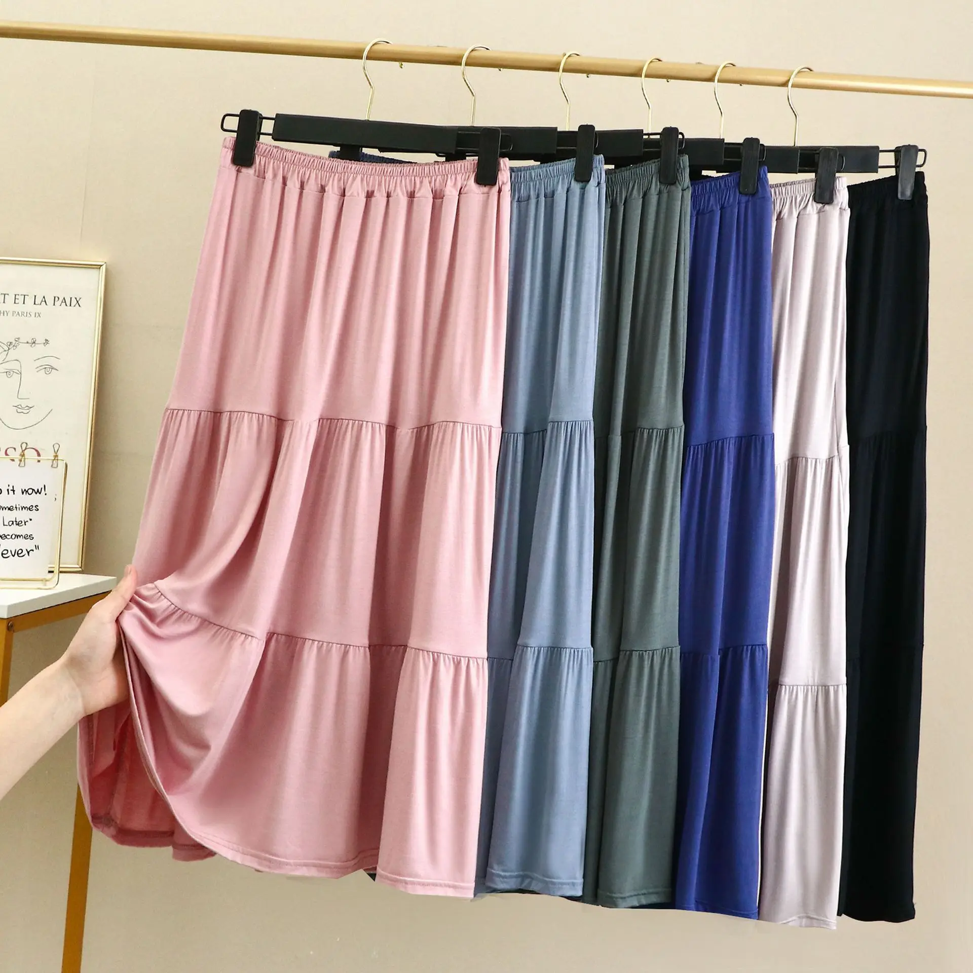 Women's Modal splices three layer cake summer dress skirt thin elastic loose show thin skirts