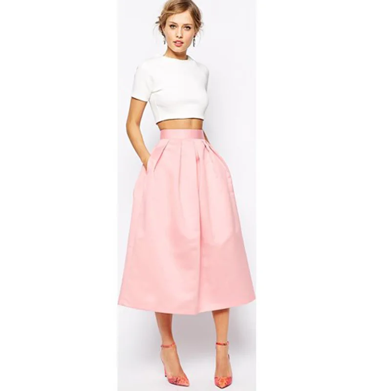 Women Satin With Pockets A-line Chic Invisible Zipper Waist Pleated Tea Length Skirt