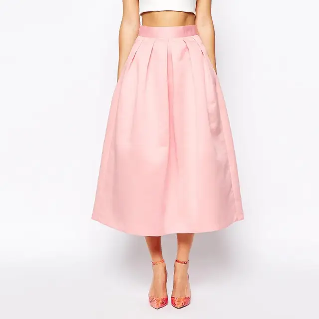Women Satin With Pockets A-line Chic Invisible Zipper Waist Pleated Tea Length Skirt