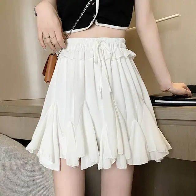 Women Ruffled A-line Skirt Pleated Fluffy High Waist mini Skirts Elastic Solid cake Aesthetic Skirt