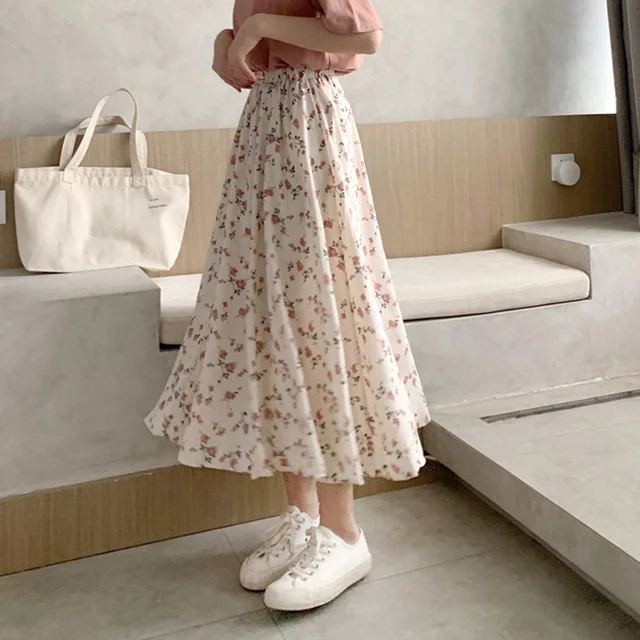 Women Chiffon Floral Skirts Style A-line Pleated Long Skirts Vintage Elastic High Waist Maxi Skirt
