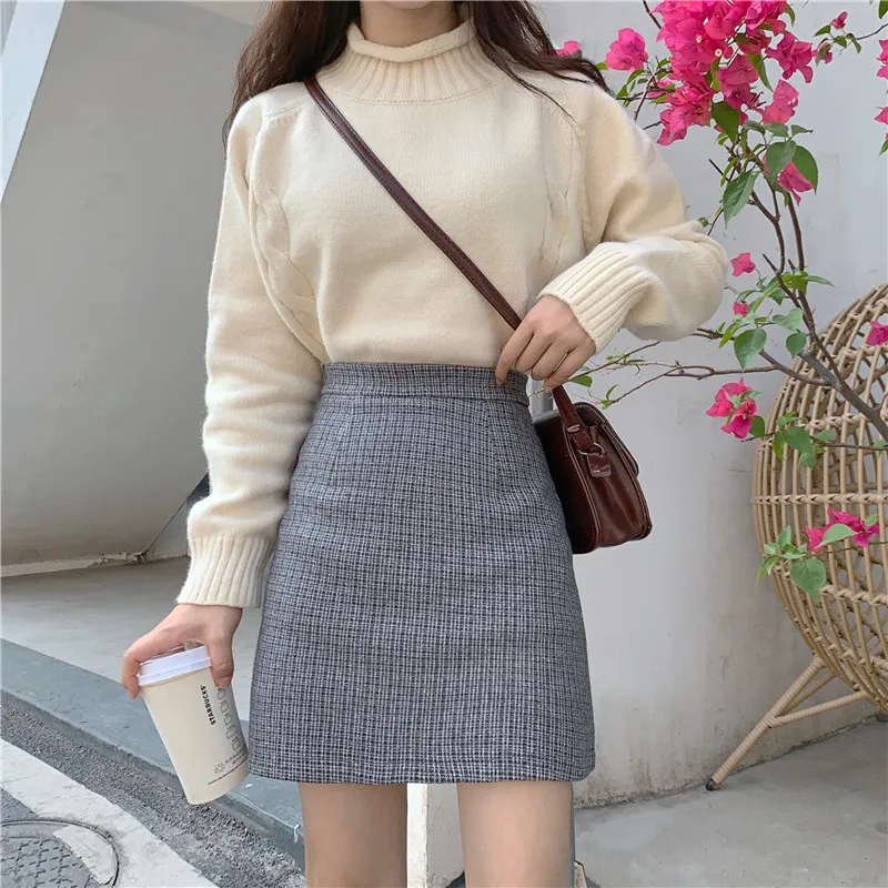 Women Plaid Skirts Preppy Vintage All-match Woolen Mini-skirt Mori-girl Slim Empire Gentle Outwear