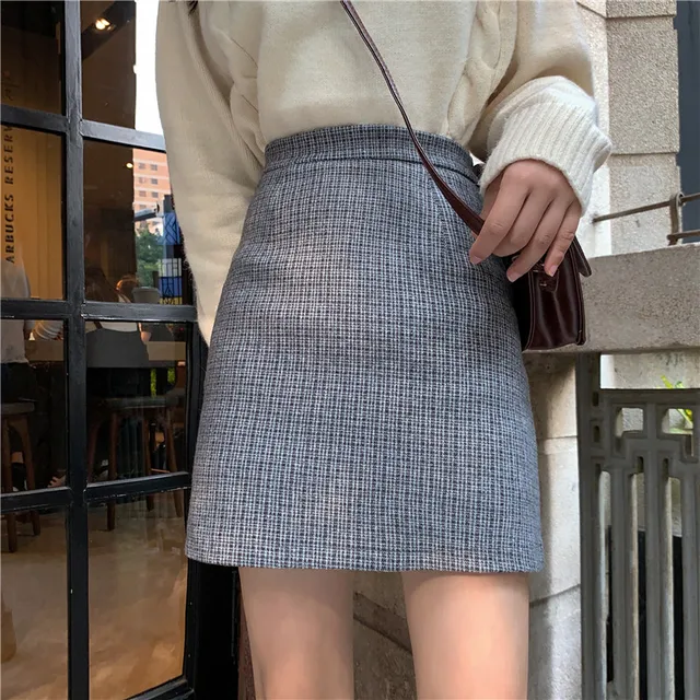 Women Plaid Skirts Preppy Vintage All-match Woolen Mini-skirt Mori-girl Slim Empire Gentle Outwear