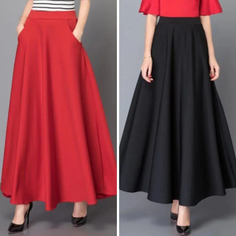 Women Maxi Skirt High Waist Tummy Control A-line Loose Hem Pockets Skirt