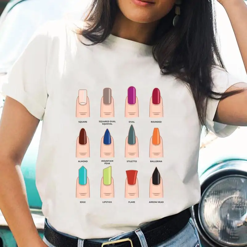 Women T-shirts Cartoon Nail Art Trend Lovely Fashion Print Shirt Graphic Top Stylish Short Sleeve