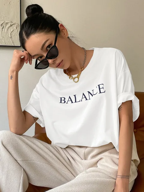 Women Letter Printed Casual T-Shirts Loose Oversize Short Sleeve Fashion Street 100% Cotton Tee Clothing