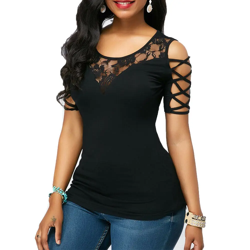 Women Personality Fashion Cold Shoulder Round Neck T Shirts Short Sleeve Floral Lace Slim Tee Tops