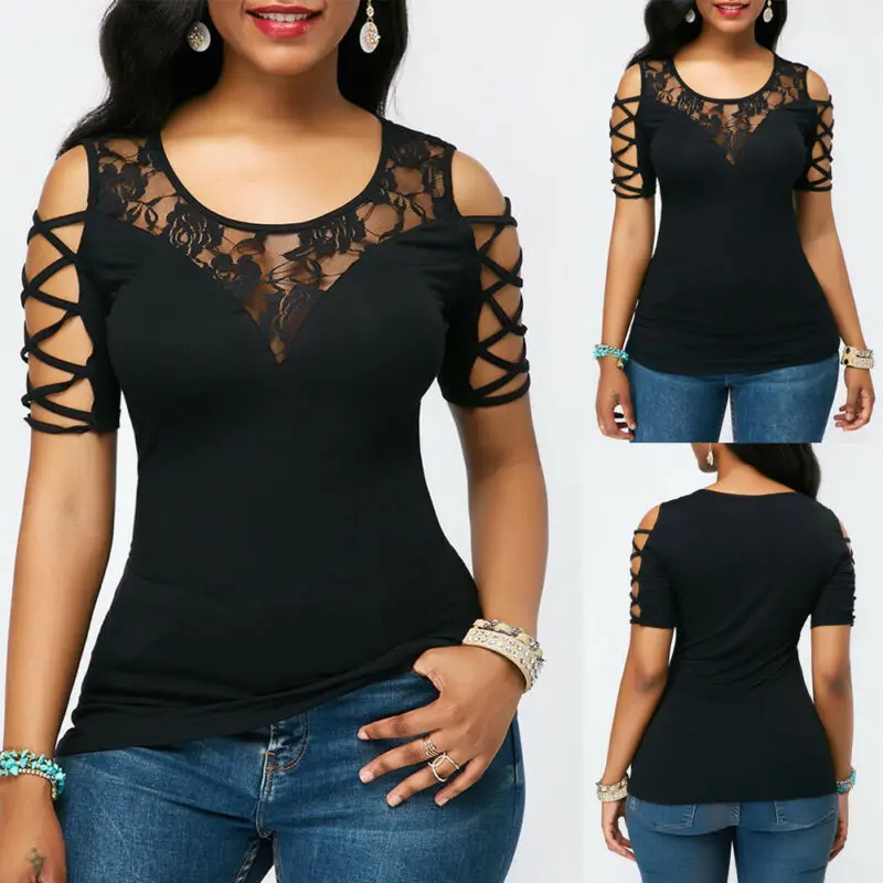 Women Personality Fashion Cold Shoulder Round Neck T Shirts Short Sleeve Floral Lace Slim Tee Tops