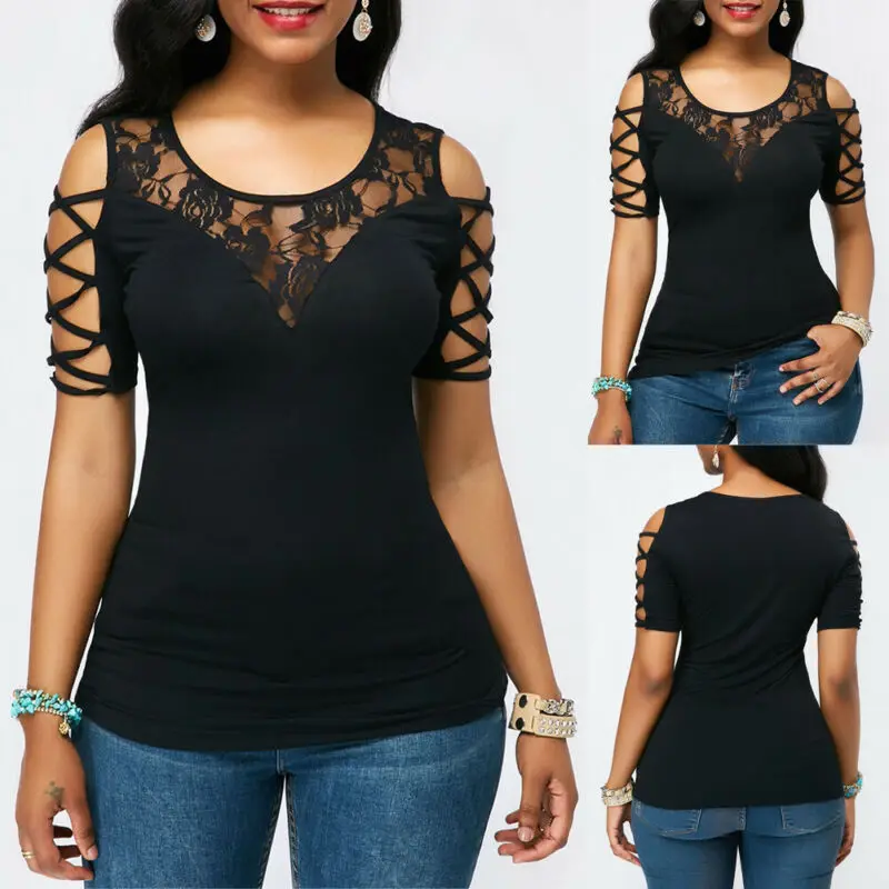 Women Personality Fashion Cold Shoulder Round Neck T Shirts Short Sleeve Floral Lace Slim Tee Tops