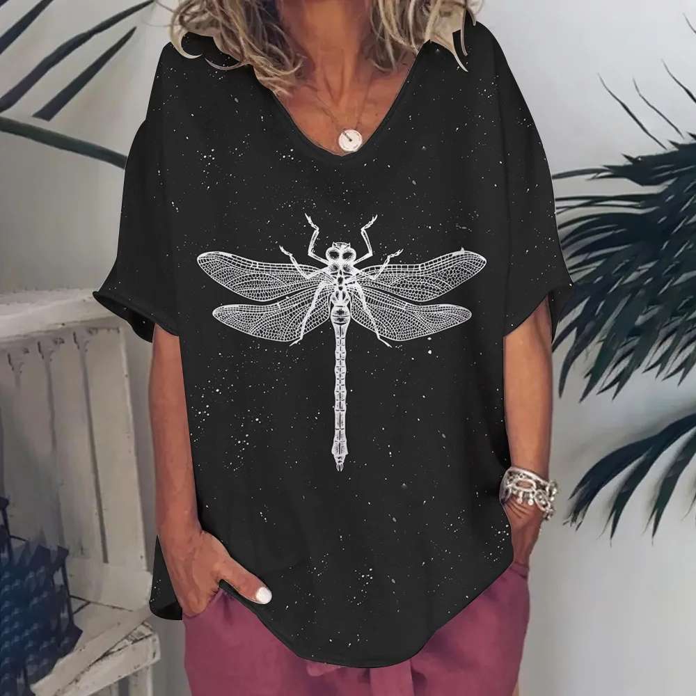 Solid Women's T-Shirt Summer Dragonfly Print Tops Casual Daily V Neck Tees Women Oversized Pullovers Girls Minimalist Clothing