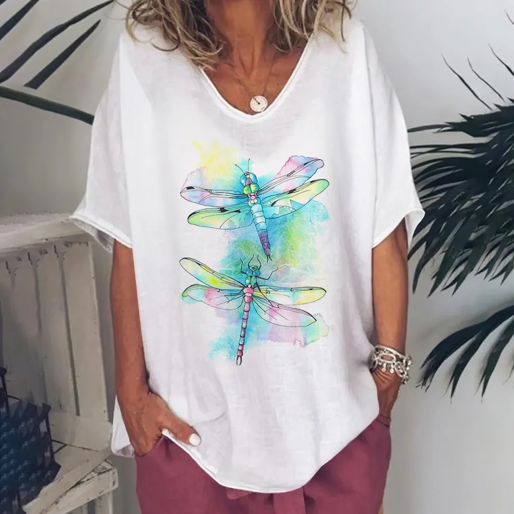 Solid Women's T-Shirt Summer Dragonfly Print Tops Casual Daily V Neck Tees Women Oversized Pullovers Girls Minimalist Clothing