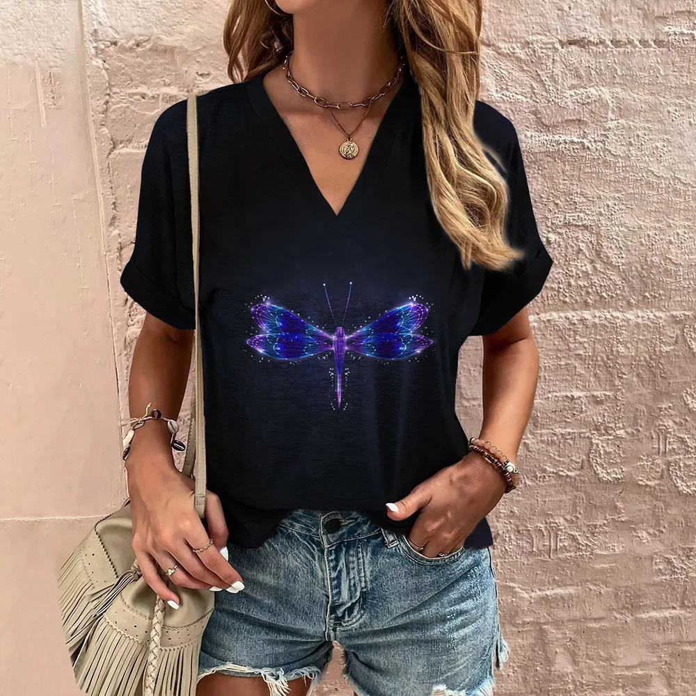 Solid Women's T-Shirt Summer Dragonfly Print Tops Casual Daily V Neck Tees Women Oversized Pullovers Girls Minimalist Clothing