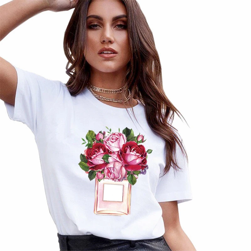 Women Perfume Vase Flower Short Sleeve Tops Graphic Tee T-Shirt