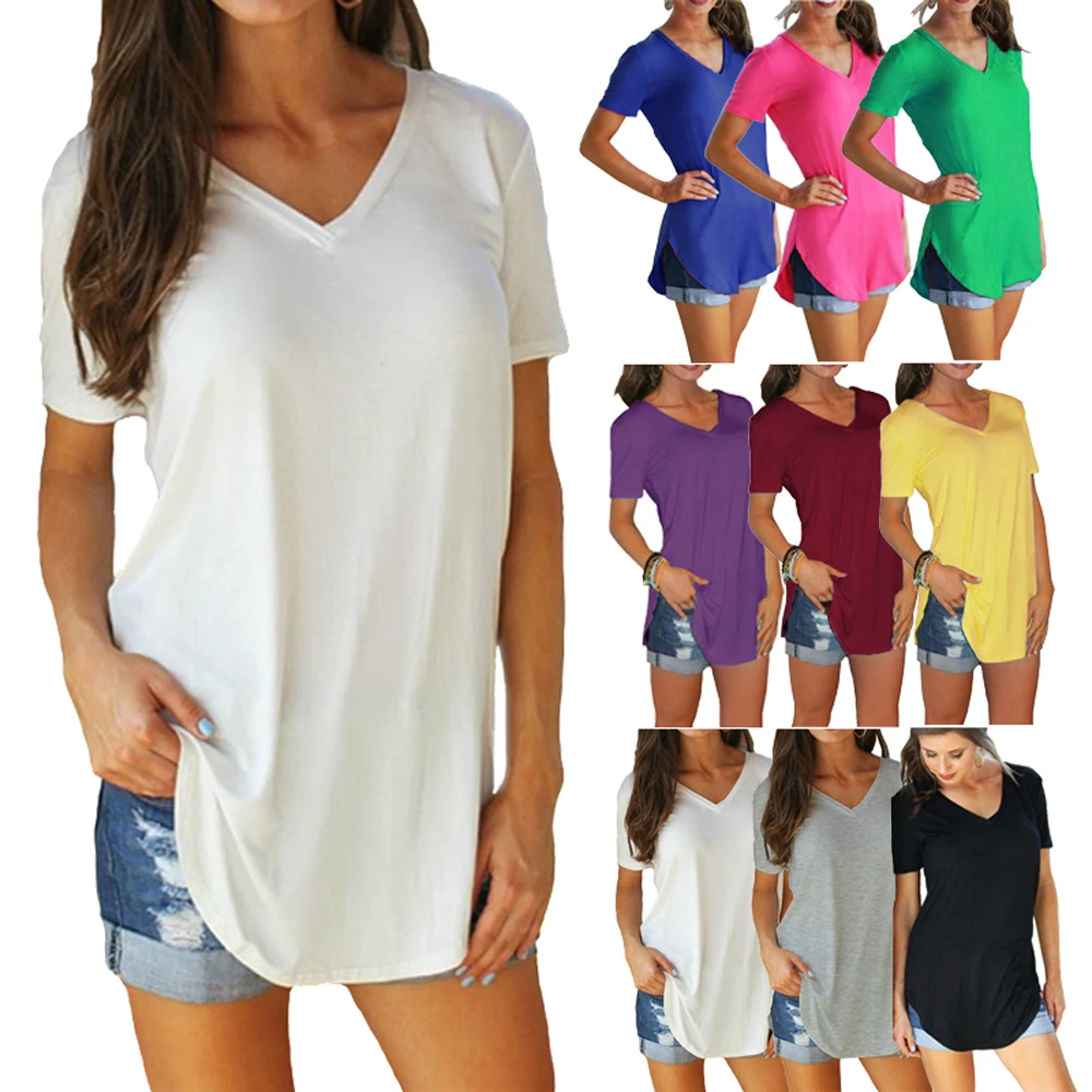 Women solid color blouse V-neck short sleeve loose T-shirt hem arc clothes