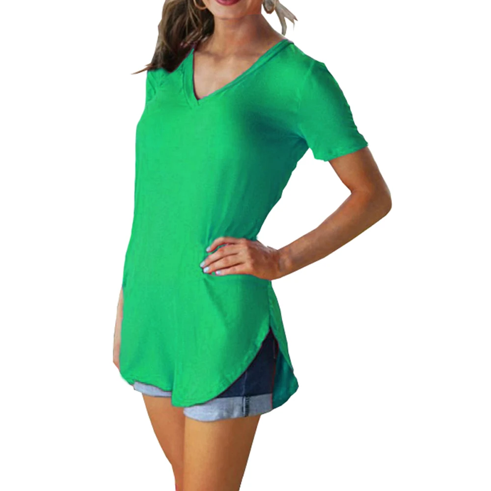 Women solid color blouse V-neck short sleeve loose T-shirt hem arc clothes