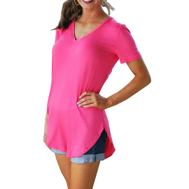 Women solid color blouse V-neck short sleeve loose T-shirt hem arc clothes