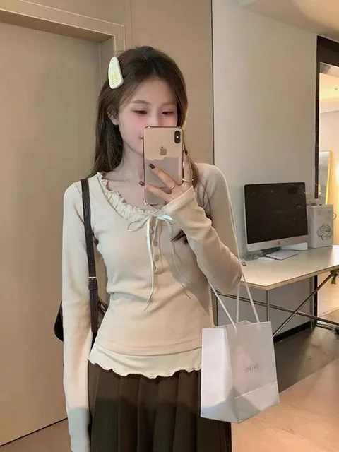 Women Preppy Style Contrasting Colors Crop Top Slim Chic T-Shirts Blouse Lace Up Tees Aesthetic Streetwear