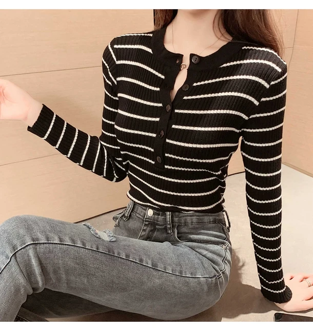 Women Elegant Stripes Knitted Tees Buttoned Up Long Sleeve Slim Knitted T-shirts
