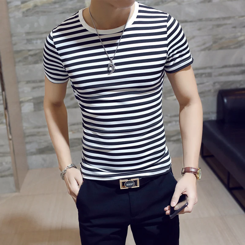 Men's T-Shirts Striped Short-Sleeved Clothing Round-Collar Tops Tees