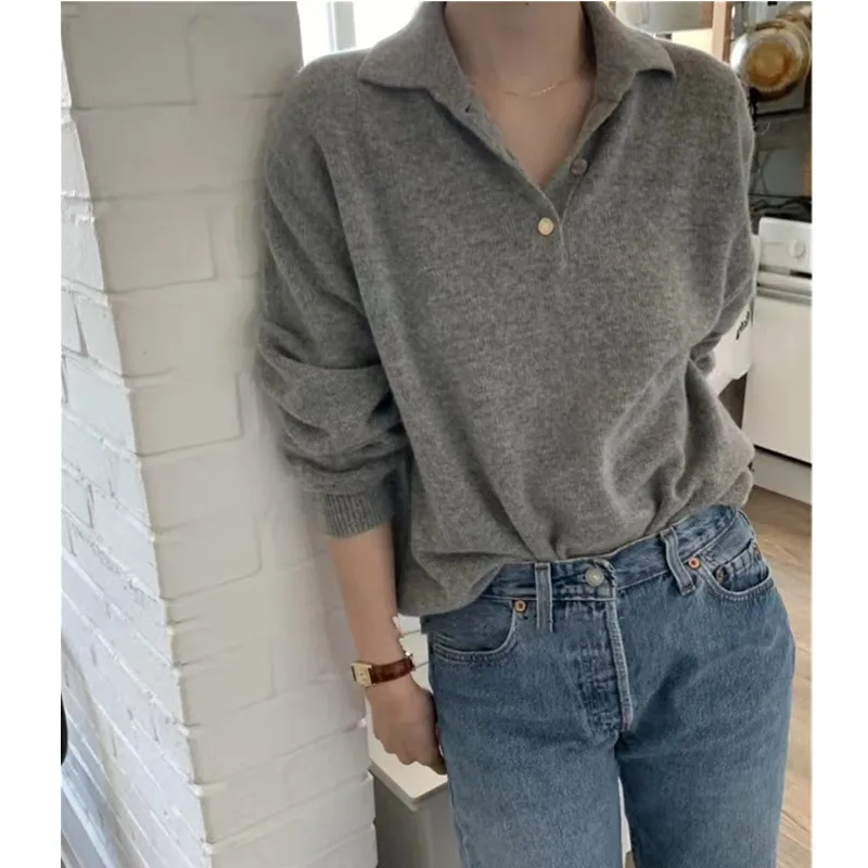 Women Knitted Sweater Loose Pullover Soft Top POLO Collar Wool Shirt