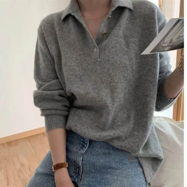 Women Knitted Sweater Loose Pullover Soft Top POLO Collar Wool Shirt