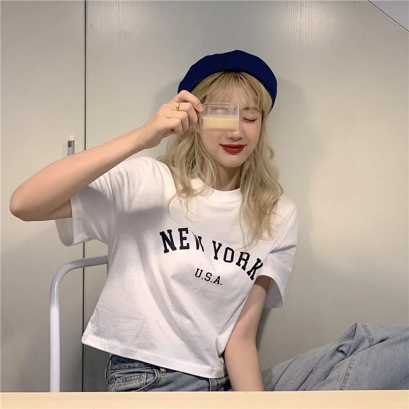 Women's T-shirts Cotton O-Neck “NEW YORK” Print Tops Tees
