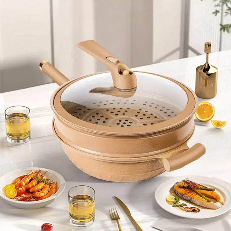 Non-Stick Clay Wok With Steamer Basket Clay Wok Micro-pressure Wok Multifunctional Non-stick Household Frying Pan Induction