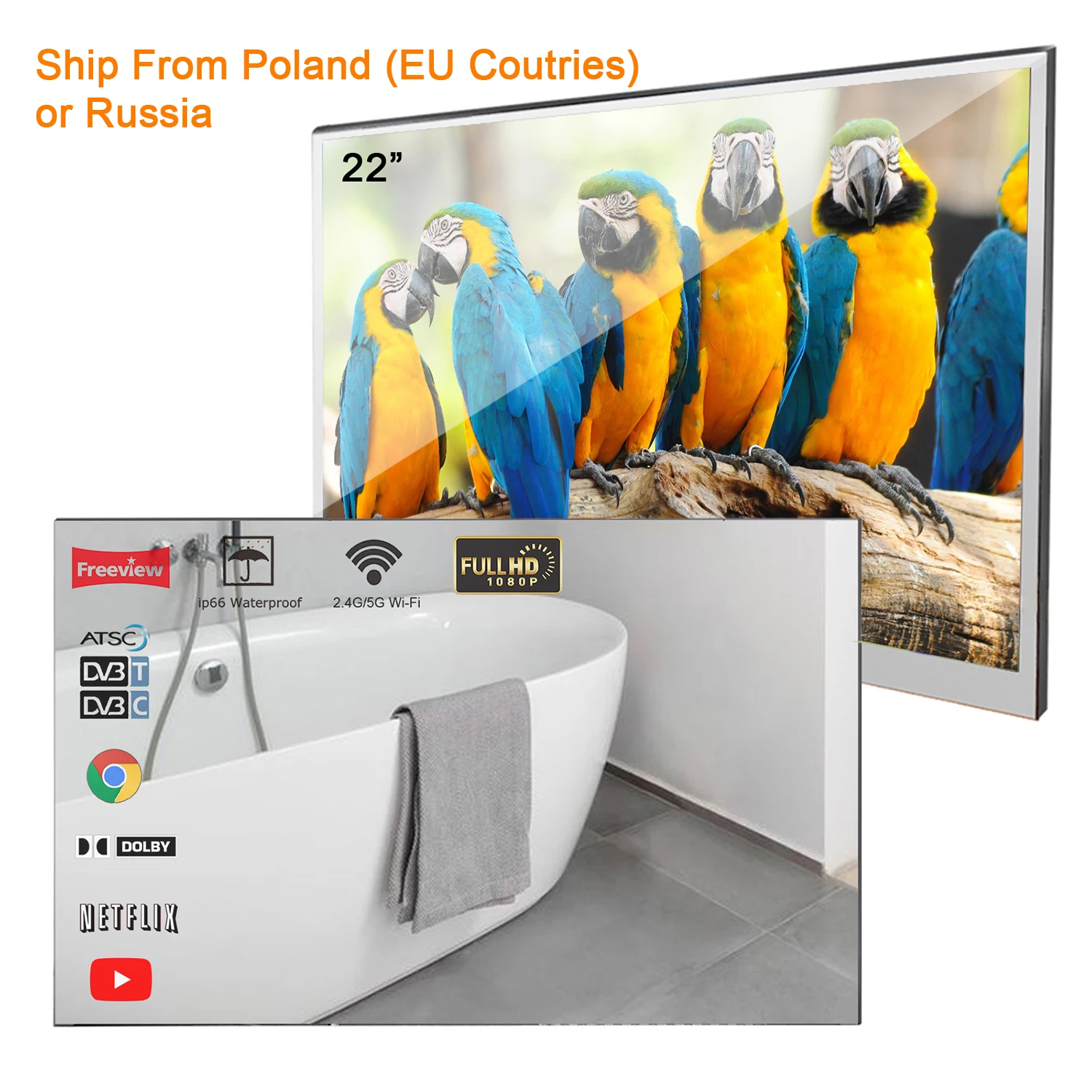 22 inch Smart Mirror LED TV IP66 Waterproof Shower Integrated WiFi DVB ATSC Tuner Television