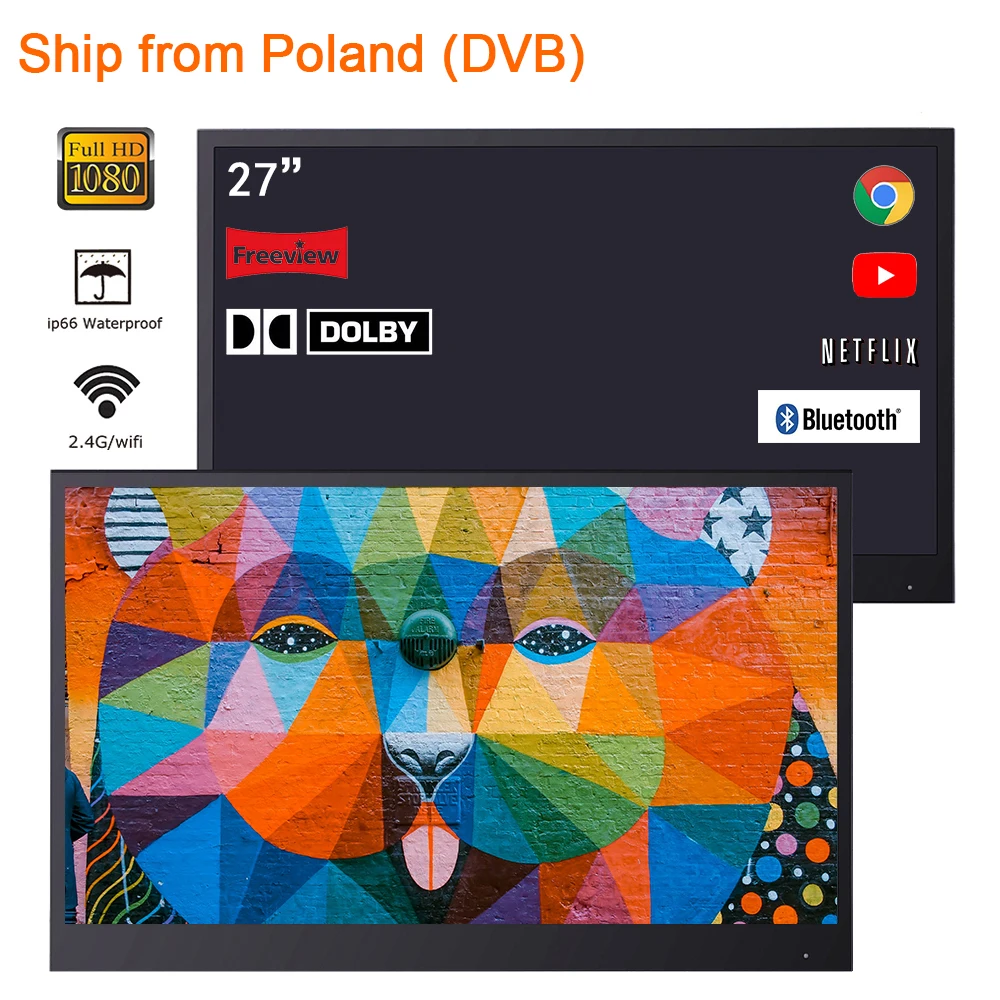 27 inch Smart Black Waterproof LED Television for Bathroom TV Android DTV WiFi Hotel IP66 Warehouse in Europe Russia