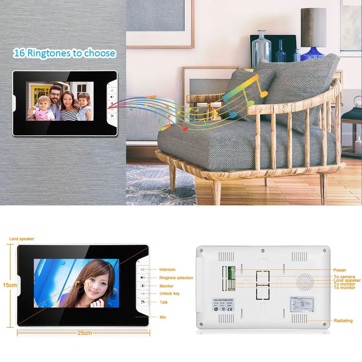 7'' TFT LCD Wired Video Door Intercom Unlock System Kit Video Doorbell Phone Rainproof IR Camera for Home Villa