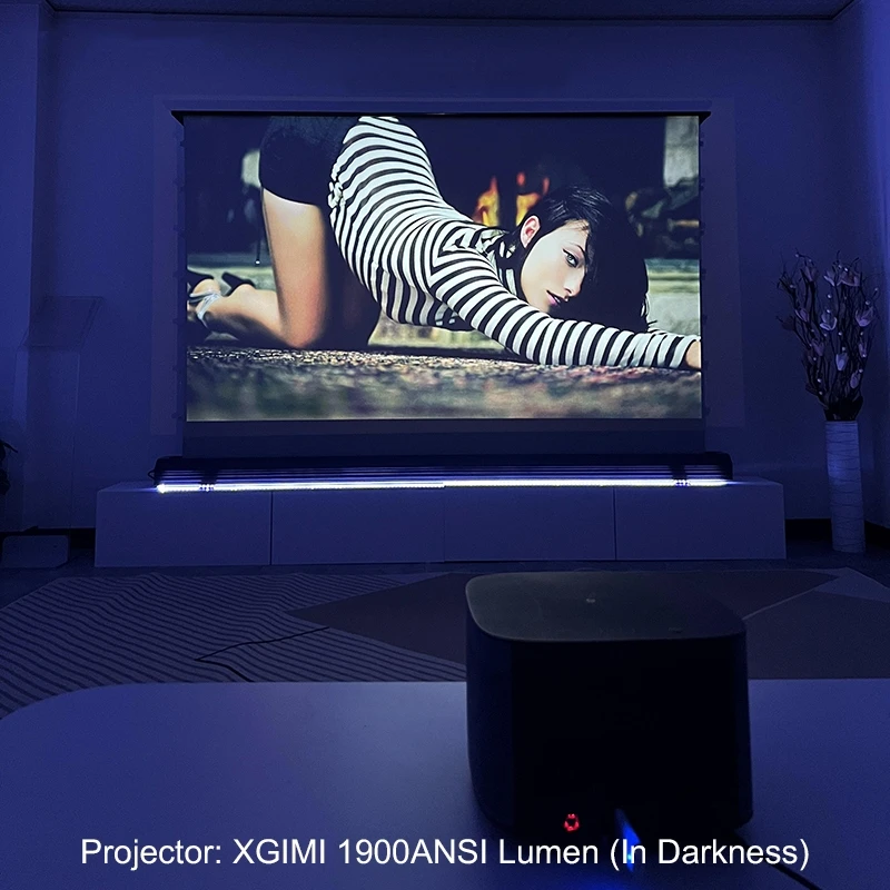 High-End 4K White Cinema Electric Motorized Floor Rising Projector Screen With LED Body-Sensing Light Up and Smart Control