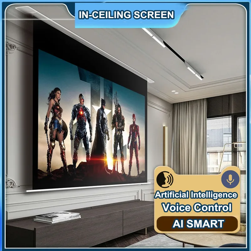In-Ceiling Screen Motorized Aluminum Casing Casing Hidden In Ceiling Matte White Electric Motorized Automatic Projector Screen