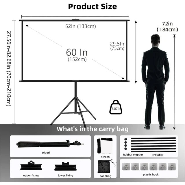 Projector Screen With Stand Foldable White Wrinkle-Free 60-120 inch 16:9 Screen With Bag for Home Theater Indoor Outdoor