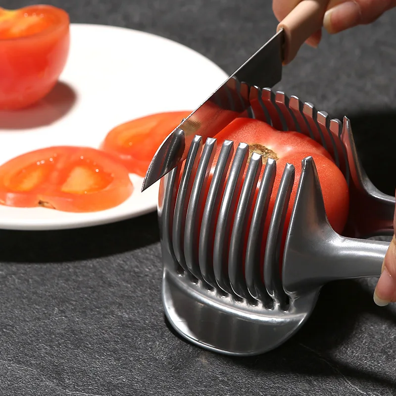 Kitchen Gadgets Handy Stainless Steel Onion Holder Potato Tomato Slicer Vegetable Fruit Cutter Safety Cooking Tools Accessories
