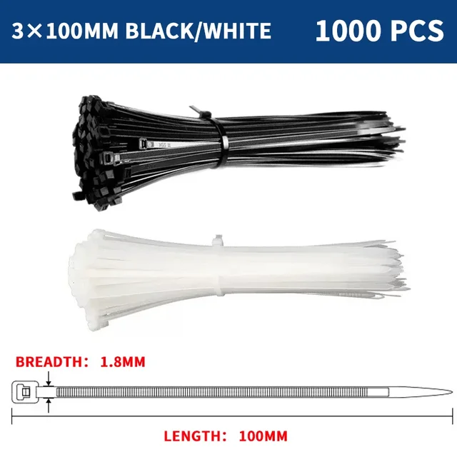 1000 Pcs Nylon Cable Self-locking Plastic Wire Zip Ties Set Kit Cable Ties 3*100 3*150 4*200  Fasteners Hardware Cable Tie