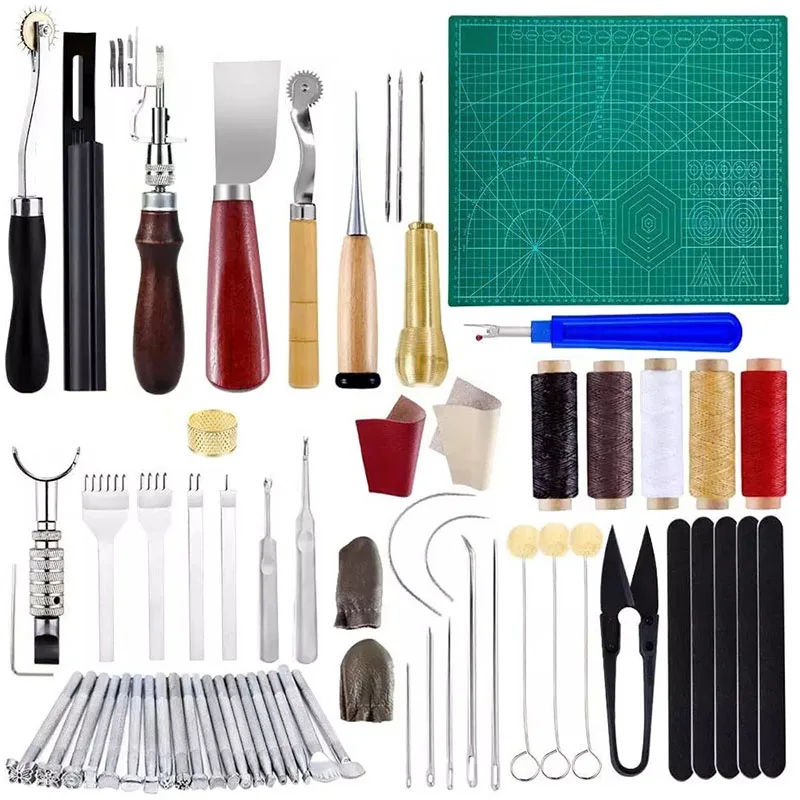 Practical Leather Craft Tools Kit Leather Hand Sewing Repair Kit Stitching Punch Carving Work Groover Set DIY Tool Set