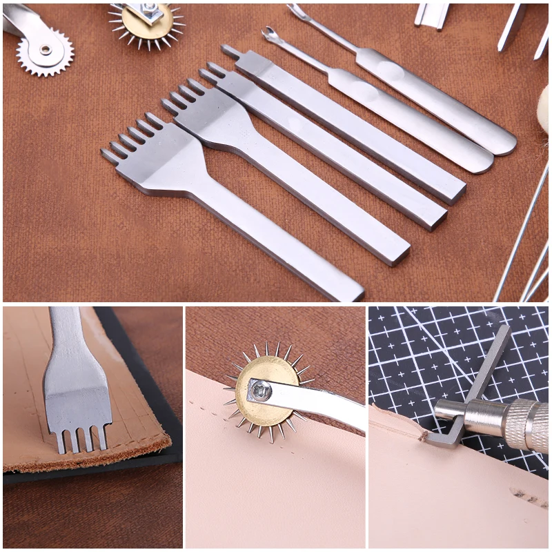 Practical Leather Craft Tools Kit Leather Hand Sewing Repair Kit Stitching Punch Carving Work Groover Set DIY Tool Set