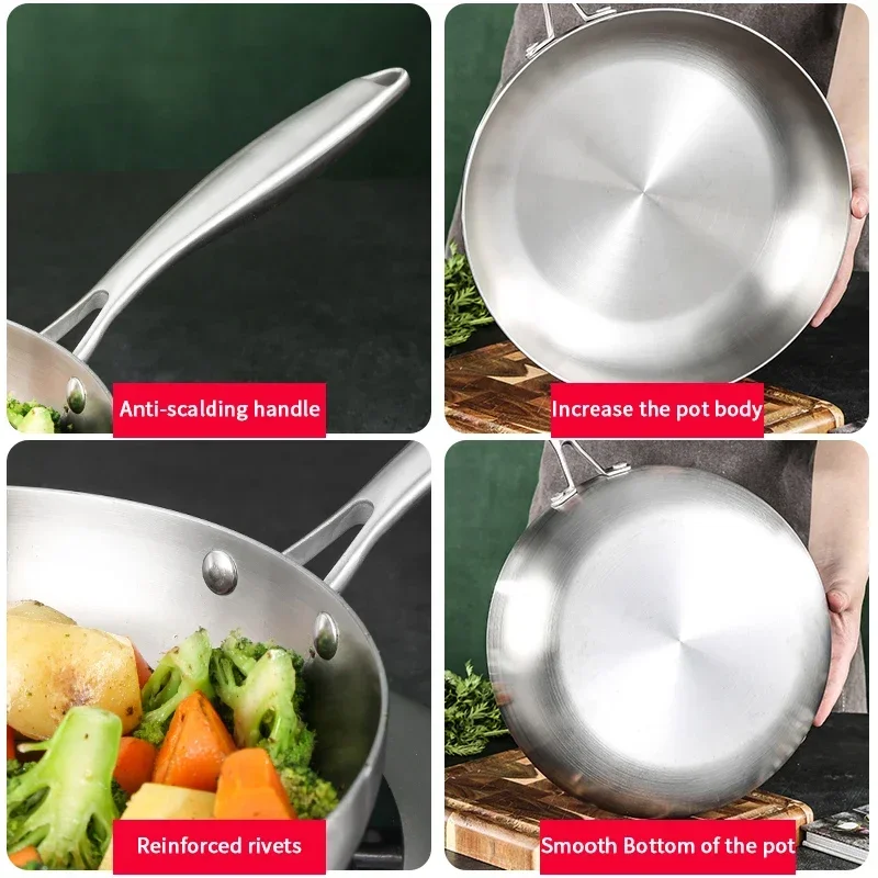 304 Stainless Steel Frying Pan Nonstick Pan Fried Steak Pot Uncoated Kitchen Cookware For Gas Stove and Induction Cooker