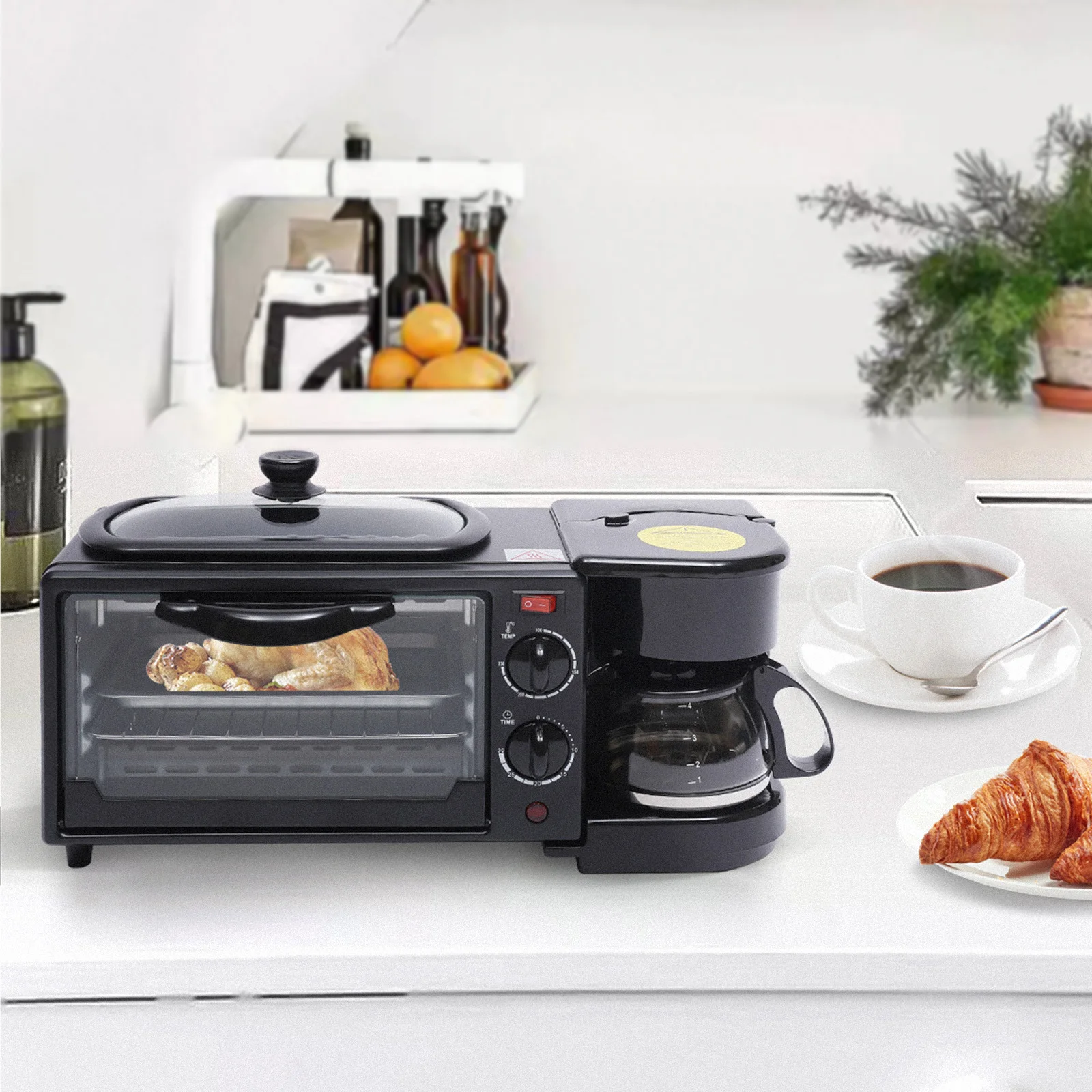 3 in 1 Breakfast Station Multifunctional Toaster Oven Station Coffee Maker for Making Coffee, Sandwiches, Cake