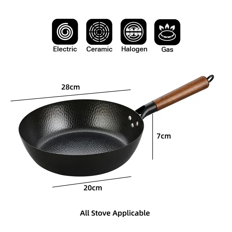 Iron pan Traditional 11" Carbon Steel Wok Gas Stove Induction Cooker Universal Kitchen Cookware Non-stick Non-coating Frying Pan