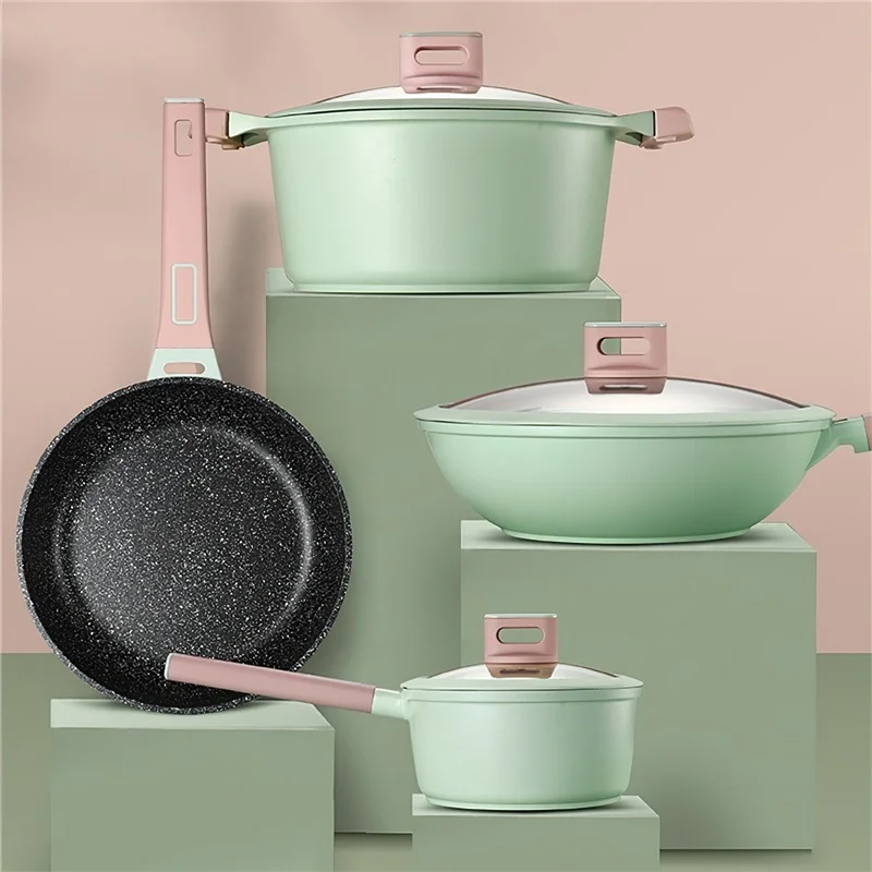 Aluminum Kitchen Pot Nordic Green Single Handle Frying Pan Soup Pot Saucepan Household Kitchen Supplies Cooking Utensils
