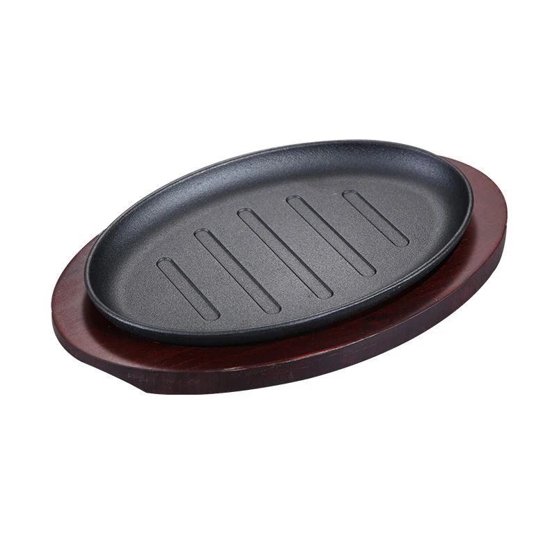 BBQ grilled plate round household baking raosting pan wooden tray kitchen pan Korean cast iron barbecue pot fried striped steak